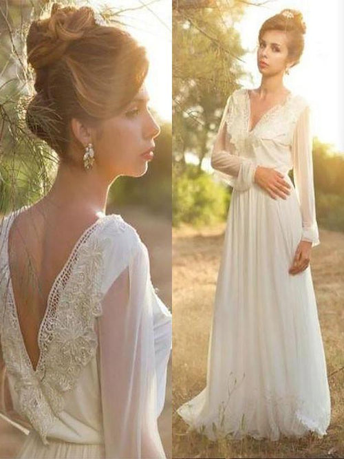 A-Linie/Princess-Linie V-Ausschnitt Sweep/Pinsel zug Lange Ärmel Chiffon Brautkleid mit Spitze