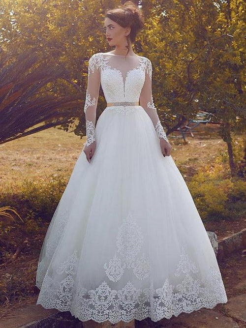 Duchesse-Linie Bateau-Ausschnitt Bodenlange Lange Ärmel Tüll Brautkleid