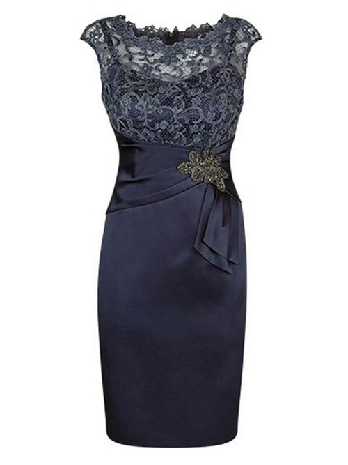 Etui-Linie/Spalte Juwel-Ausschnitt Angeschnittene Ärmel Satin Kurze/Mini Brautmutterkleid mit Perlen verziert Spitze