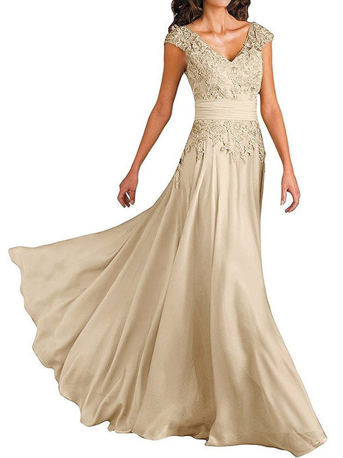 A-Linie/Princess-Linie V-Ausschnitt Angeschnittene Ärmel Flool Length Chiffon Brautmutterkleid mit Applikationen