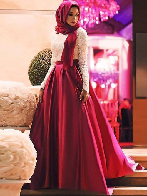 A-Linie/Princess-Linie U-Ausschnitt Satin Lange Ärmel Sweep/Pinsel zug Islamische Kleid mit Spitze