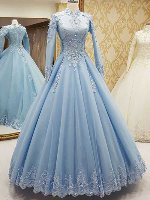 Duchesse-Linie Stehkragen Tüll Lange Ärmel Bodenlange Islamische Kleid mit Spitze