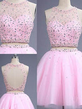 A-Linie/Princess-Linie U-Ausschnitt Kurze/Mini Tüll Abendkleider mit Perlen verziert
