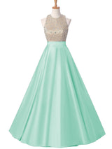 Duchesse-Linie Juwel-Ausschnitt Bodenlange Satin Abendkleider mit Kristalle