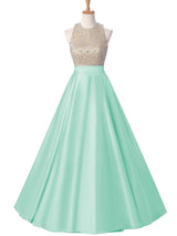 Duchesse-Linie Juwel-Ausschnitt Bodenlange Satin Abendkleider mit Kristalle