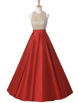 Duchesse-Linie Juwel-Ausschnitt Bodenlange Satin Abendkleider mit Kristalle
