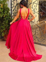 A-Linie/Princess-Linie V-Ausschnitt Ärmellos Sweep/Pinsel zug Stretch-Satin Abendkleider mit Rüschen