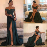A-Linie/Princess-Linie Schulterfrei Ärmellos Sweep/Pinsel zug Chiffon Schlitz Kleid mit Spitze