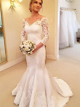 Trompete/Meerjungfrau-Linie Schulterfrei Hof-schleppe 3/4 Ärmel Satin Brautkleid