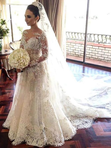 A-Linie/Princess-Linie Bateau-Ausschnitt Kapelle-schleppe Lange Ärmel Tüll Brautkleid mit Spitze
