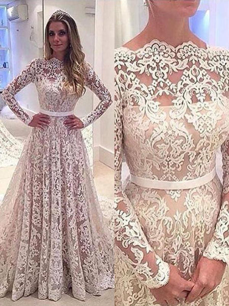A-Linie/Princess-Linie Bateau-Ausschnitt Hof-schleppe Lange Ärmel Brautkleid