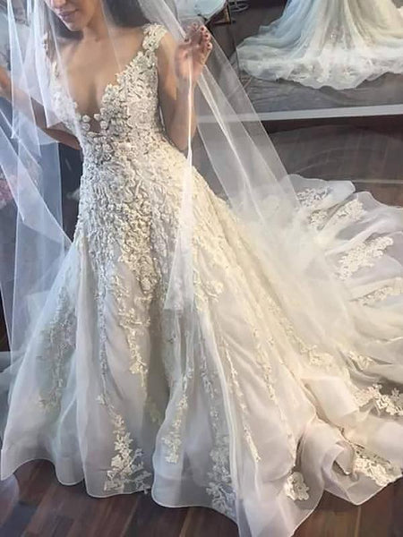 A-Linie/Princess-Linie V-Ausschnitt Hof-schleppe Ärmellos Tüll Brautkleid
