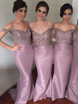Trompete/Meerjungfrau-Linie Schulterfrei Satin Sweep/Pinsel zug Ärmellos Brautjungfernkleid mit Perlen verziert