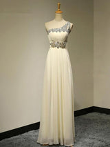 A-Linie/Princess-Linie One-Shoulder-Träger Chiffon Bodenlange Ärmellos Brautjungfernkleid mit Perlen verziert