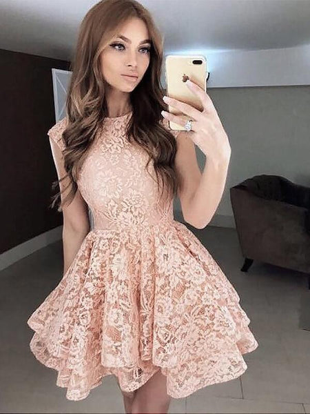 A-Linie/Princess-Linie U-Ausschnitt Spitze Ärmellos Kurze/Mini Abendkleid mit Tiered