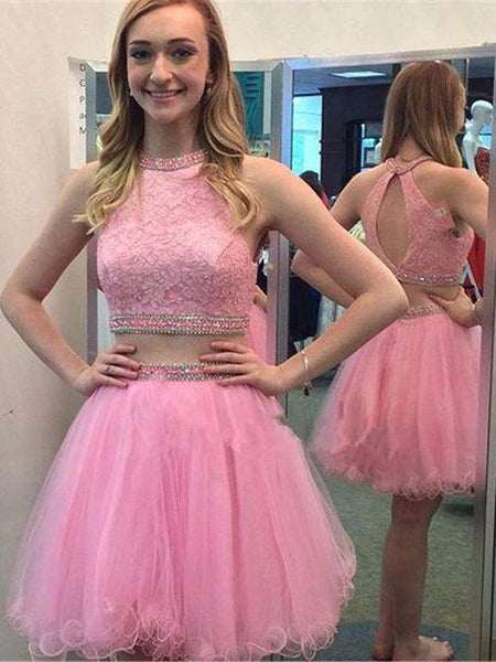 A-Linie/Princess-Linie Juwel-Ausschnitt Tüll Ärmellos Kurze/Mini Kleid mit Perlen verziert Spitze