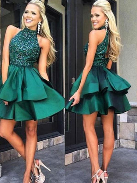 A-Linie/Princess-Linie Stehkragen Satin Ärmellos Kurze/Mini Rückenfrei Kleid mit Perlen verziert