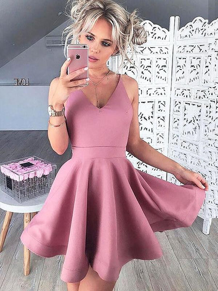 A-Linie/Princess-Linie V-Ausschnitt Satin Ärmellos Kurze/Mini Cocktailkleid