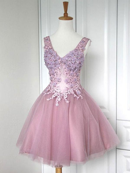 A-Linie/Princess-Linie V-Ausschnitt Tüll Ärmellos Kurze/Mini Kleid mit Applikationen Spitze