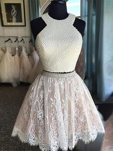 A-Linie/Princess-Linie Juwel-Ausschnitt Spitze Ärmellos Kurze/Mini Abendkleid mit Perlen