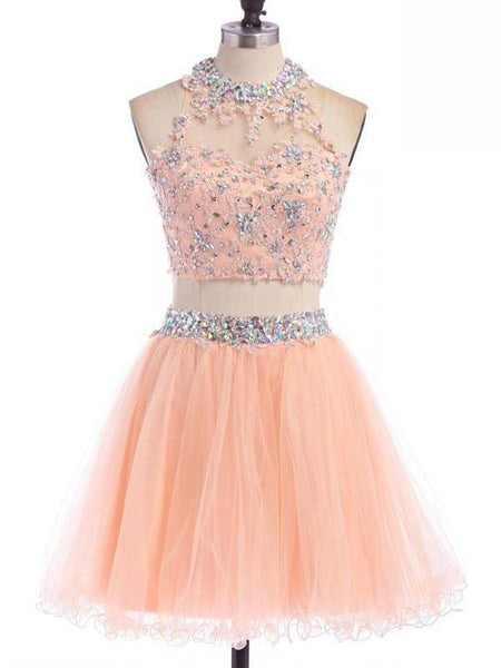 A-Linie/Princess-Linie Juwel-Ausschnitt Tüll Ärmellos Kurze/Mini Kleid mit Perlen verziert Applikationen