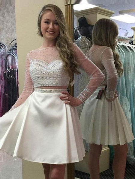 A-Linie/Princess-Linie Bateau-Ausschnitt Satin Lange Ärmel Kurze/Mini Kleid mit Perlen verziert Spitze