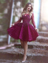 A-Linie/Princess-Linie U-Ausschnitt Satin Lange Ärmel Kurze/Mini Abendkleid mit Paillette