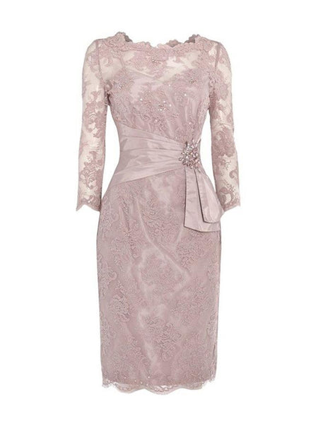Etui-Linie/Spalte Juwel-Ausschnitt 3/4 Ärmel Spitze Knie-Länge Brautmutterkleid mit Perlen verziert