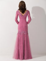Mermaid/Trumpet V-Ausschnitt 3/4 Ärmel Tüll Bodenlange Brautmutterkleid mit Applikationen Perlen verziert