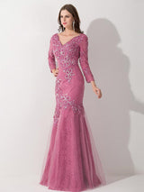 Mermaid/Trumpet V-Ausschnitt 3/4 Ärmel Tüll Bodenlange Brautmutterkleid mit Applikationen Perlen verziert