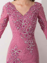 Mermaid/Trumpet V-Ausschnitt 3/4 Ärmel Tüll Bodenlange Brautmutterkleid mit Applikationen Perlen verziert