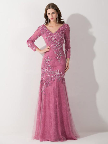Mermaid/Trumpet V-Ausschnitt 3/4 Ärmel Tüll Bodenlange Brautmutterkleid mit Applikationen Perlen verziert