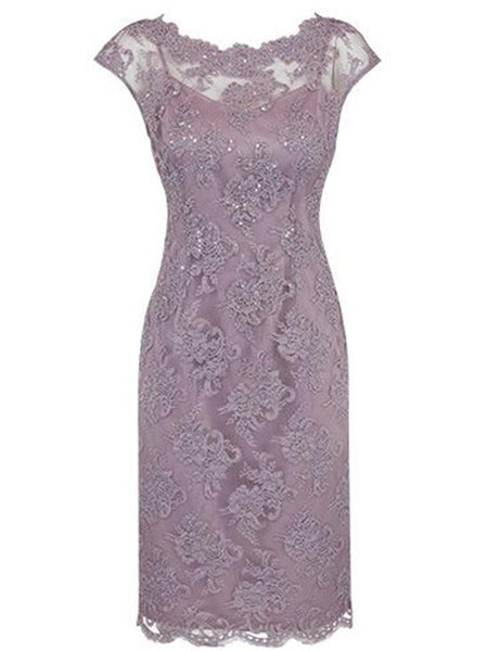 Etui-Linie/Spalte Bateau-Ausschnitt Angeschnittene Ärmel Spitze Knie-Länge Brautmutterkleid mit Perlen verziert