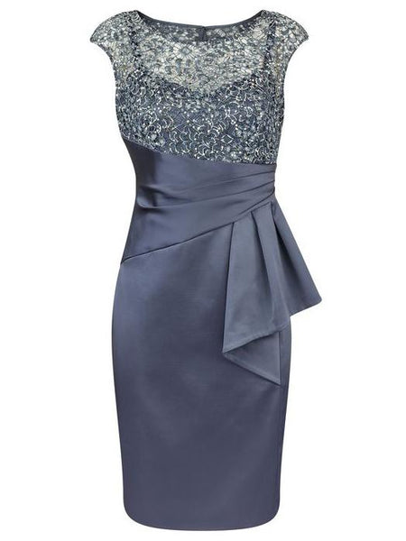 Etui-Linie/Spalte Bateau-Ausschnitt Angeschnittene Ärmel Satin Knie-Länge Brautmutterkleid mit Spitze