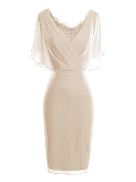 Etui-Linie/Spalte U-Ausschnitt Kurze Ärmel Chiffon Knie-Länge Brautmutterkleid mit Spitze