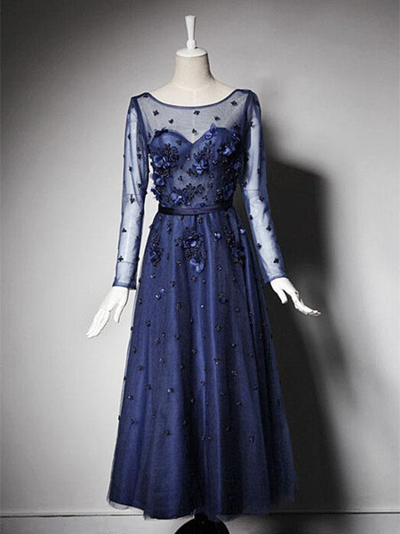 A-Linie/Princess-Linie U-Ausschnitt Lange Ärmel Tüll Bodenlange Brautmutterkleid mit Perlen verziert