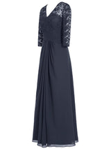 A-Linie/Princess-Linie V-Ausschnitt Lange Ärmel Chiffon Bodenlange Brautmutterkleid mit Spitze