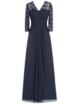 A-Linie/Princess-Linie V-Ausschnitt Lange Ärmel Chiffon Bodenlange Brautmutterkleid mit Spitze