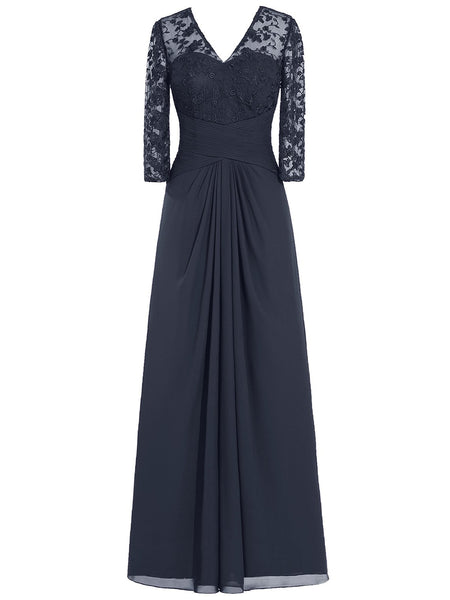 A-Linie/Princess-Linie V-Ausschnitt Lange Ärmel Chiffon Bodenlange Brautmutterkleid mit Spitze