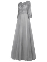 A-Linie/Princess-Linie U-Ausschnitt Lange Ärmel Tüll Bodenlange Brautmutterkleid mit Spitze
