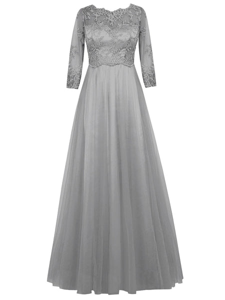 A-Linie/Princess-Linie U-Ausschnitt Lange Ärmel Tüll Bodenlange Brautmutterkleid mit Spitze