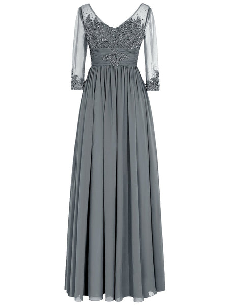 A-Linie/Princess-Linie U-Ausschnitt Lange Ärmel Chiffon Bodenlange Brautmutterkleid mit Applikationen