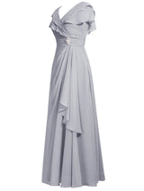 A-Linie/Princess-Linie V-Ausschnitt Angeschnittene Ärmel Chiffon Bodenlange Brautmutterkleid mit Strasssteine