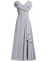 A-Linie/Princess-Linie V-Ausschnitt Angeschnittene Ärmel Chiffon Bodenlange Brautmutterkleid mit Strasssteine