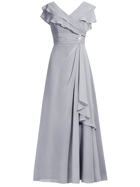 A-Linie/Princess-Linie V-Ausschnitt Angeschnittene Ärmel Chiffon Bodenlange Brautmutterkleid mit Strasssteine