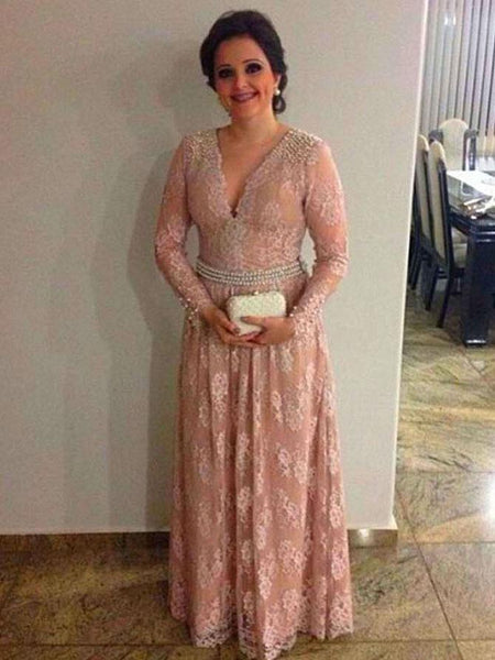 A-Linie/Princess-Linie V-Ausschnitt Lange Ärmel Spitze Bodenlange Brautmutterkleid mit Perlen