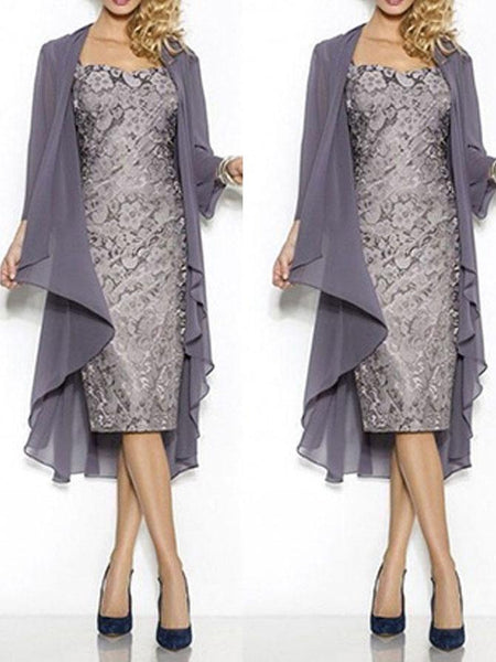 Etui-Linie/Spalte Rechteckiger Ausschnitt Angeschnittene Ärmel Spitze Knie-Länge Brautmutterkleid mit Shawl