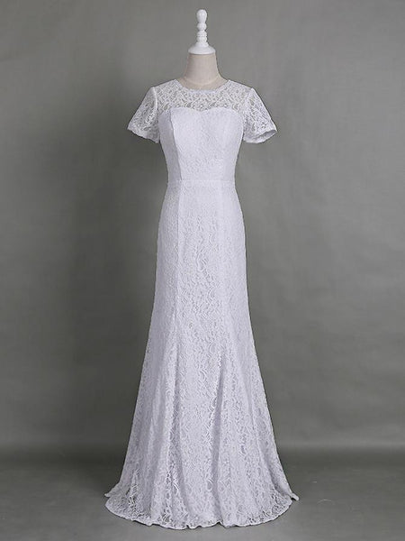 Etui-Linie/Spalte Juwel-Ausschnitt Kurze Ärmel Spitze Bodenlange Brautmutterkleid mit Spitze