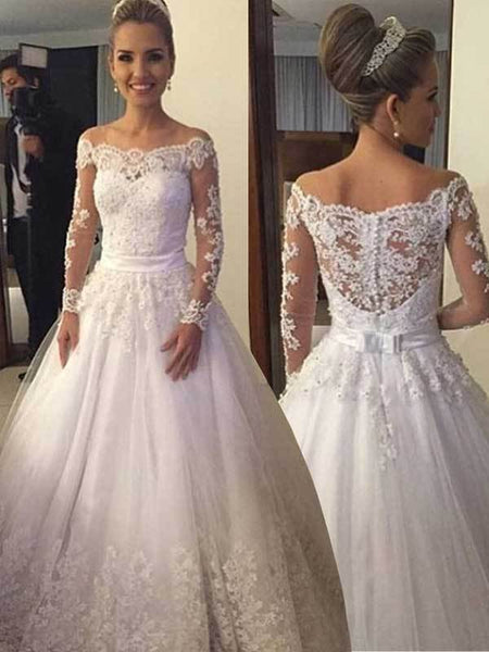Duchesse-Linie Schulterfrei Hof-schleppe Lange Ärmel Tüll Brautkleid