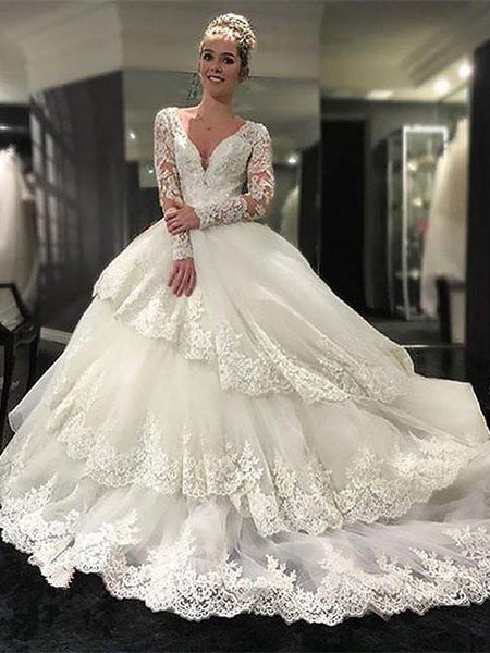 Duchesse-Linie V-Ausschnitt Hof-schleppe Lange Ärmel Tüll Brautkleid